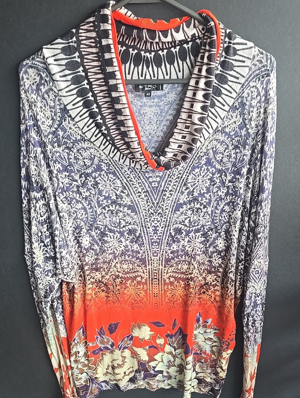 Etro Multicolor Printed 7Long Sleeve Top with Orange Accent